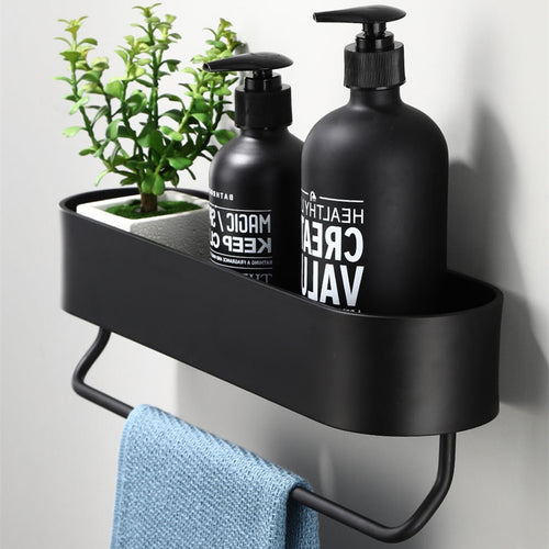 Black Bathroom Shelf 30-50cm Lenght Kitchen Wall Shelves Shower Basket Storage Rack Towel Bar Robe Hooks Bathroom Accessories