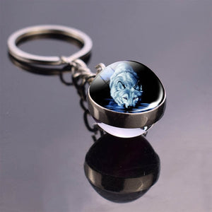 Wolf and Moon Keychain Glass Ball Pendant Crystal Ball Jewelry Fashion Wolf Head Sphere Keyring Animal Key Chain Men Women Gift