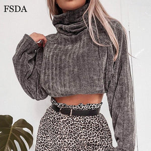 FSDA Women Crop Sweater Turtleneck Long Sleeve Loose Warm Autumn Winter Pink White Black Streetwear Lady Pullover Casual Jumper