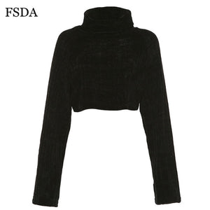 FSDA Women Crop Sweater Turtleneck Long Sleeve Loose Warm Autumn Winter Pink White Black Streetwear Lady Pullover Casual Jumper