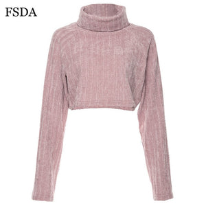 FSDA Women Crop Sweater Turtleneck Long Sleeve Loose Warm Autumn Winter Pink White Black Streetwear Lady Pullover Casual Jumper