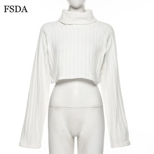 FSDA Women Crop Sweater Turtleneck Long Sleeve Loose Warm Autumn Winter Pink White Black Streetwear Lady Pullover Casual Jumper