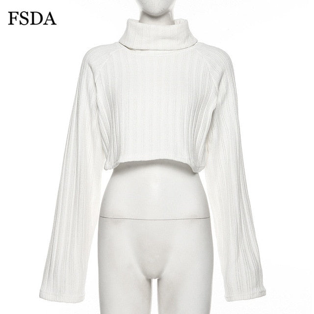 FSDA Women Crop Sweater Turtleneck Long Sleeve Loose Warm Autumn Winter Pink White Black Streetwear Lady Pullover Casual Jumper