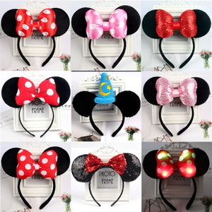 Christmas Mickey Ears Headband Minnie Hairband Pink Sequin Hair Clips Bows for Girls Antlers Hair Accessories for Birthday Party